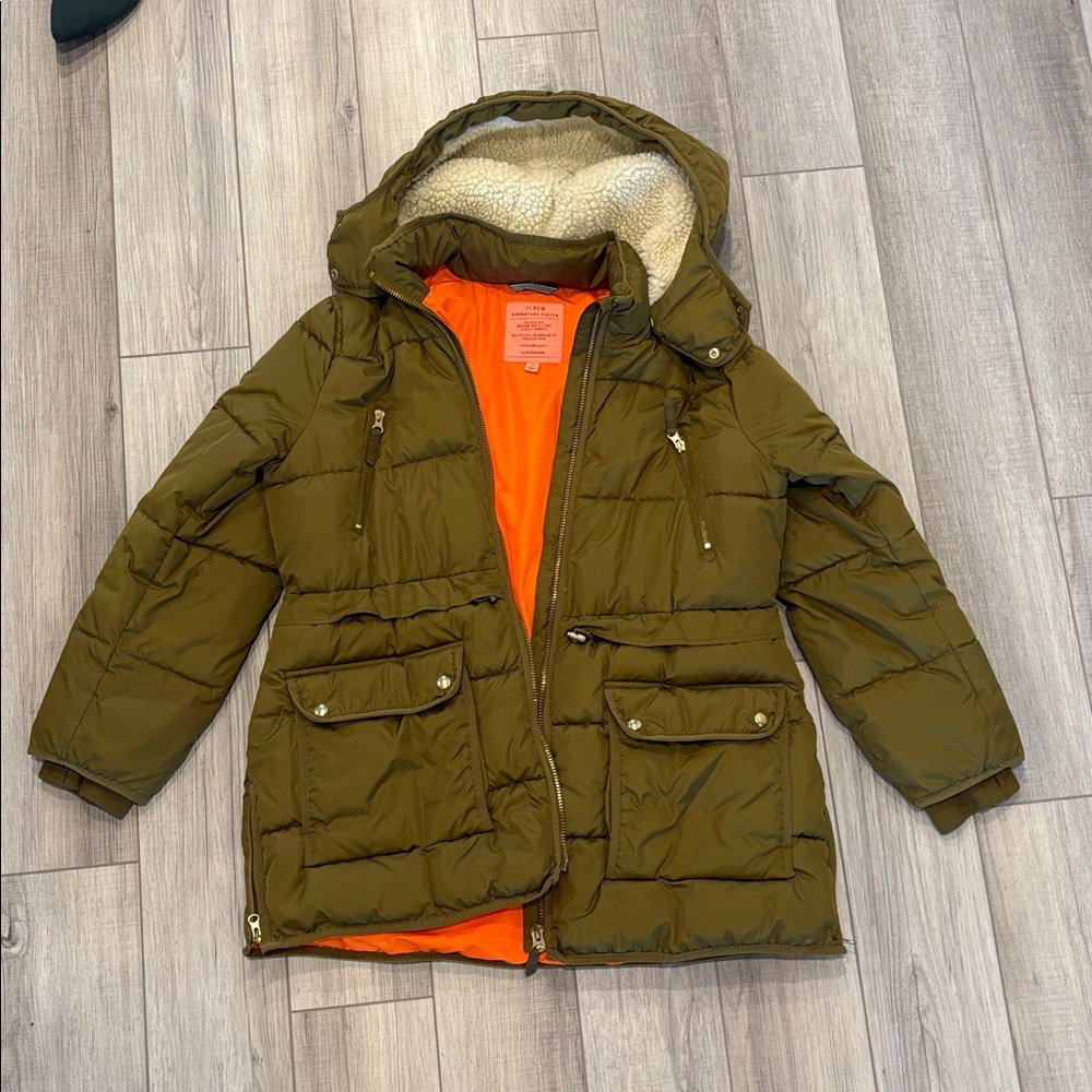 J. Crew Women’s Chateau Puffer Jacket with Hood. SZ L petite. Olive.
